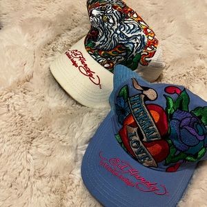 Ed Hardy white decal and blue decal hat with original design, one size, one once